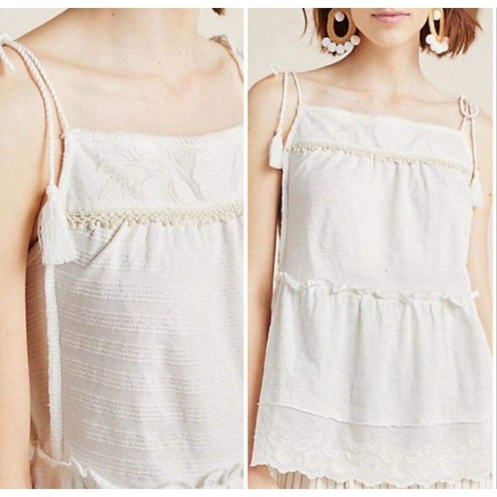 NEW Anthropologie White Embroidered Tank Top Tassel Tie‎ Straps Boho size M